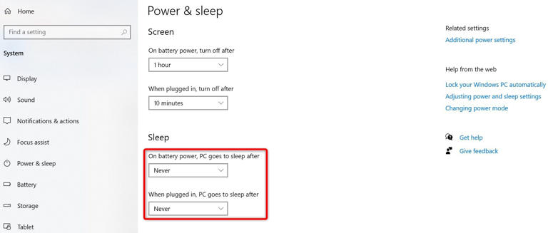 The options to prevent a Windows 10 PC from entering sleep mode highlighted in Settings.