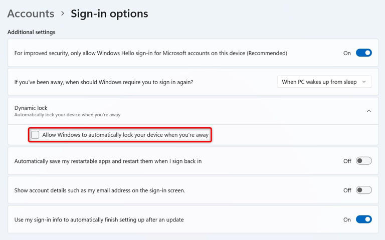 'Allow Windows to Automatically Lock Your Device When Youre Away' highlighted in Windows 11 Settings.