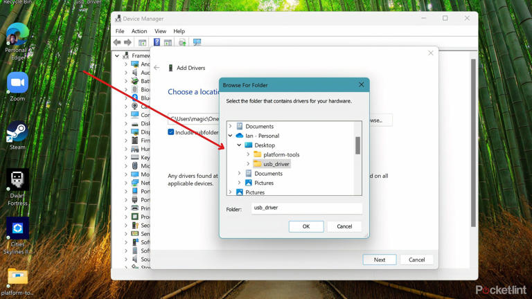 Adding a USB driver to the Device Manager app in Windows 11.