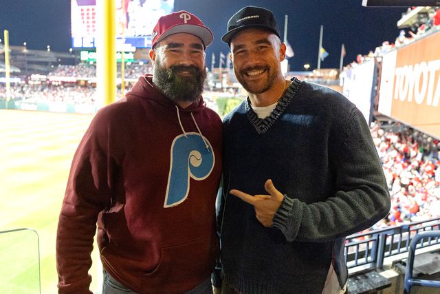 Gabriella Ricciardi/MLB Photos via Getty Jason and Travis Kelce pose for a photo during Game 1 of the NLCS between the Arizona Diamondbacks and the Philadelphia Phillies at Citizens Bank Park on Monday, October 16, 2023
