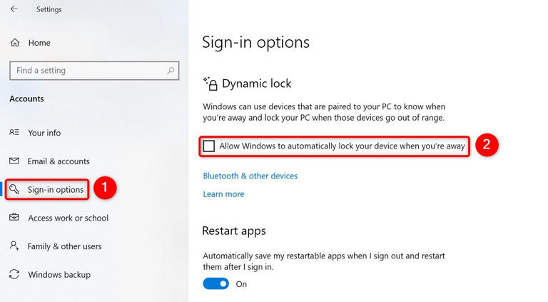 'Sign-In Options' and 'Allow Windows to Automatically Lock Your Device When Youre Away' highlighted in Windows 10 Settings.