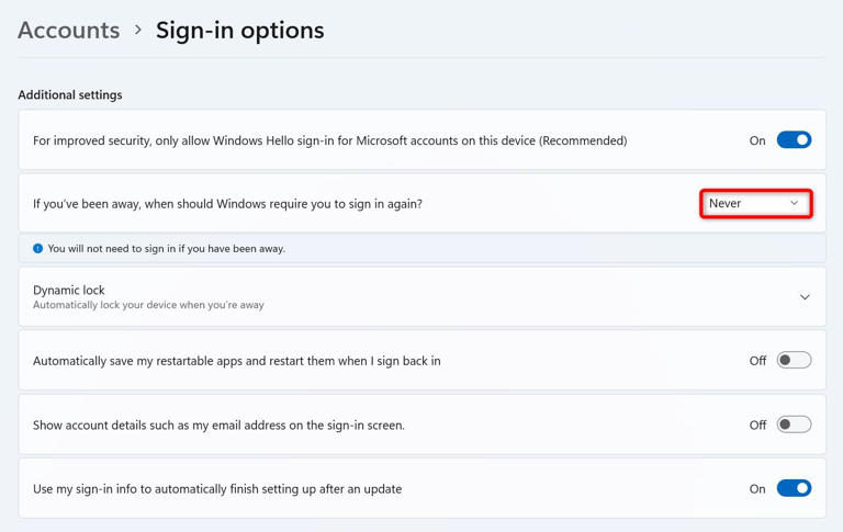 'Never' selected in the 'If Youve Been Away, When Should Windows Require You to Sign In Again?' drop-down menu.