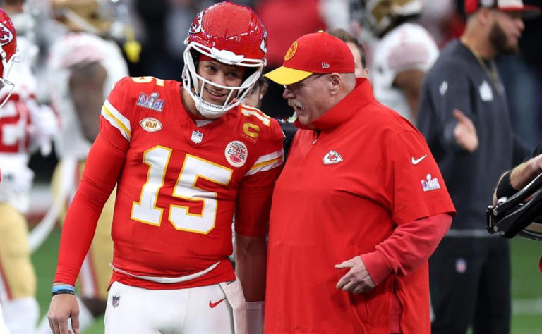 Patrick Mahomes #15 of the Kansas City Chiefs talks with head coach Andy Reid before Super Bowl LVIII against the San Francisco 49ers at Allegiant Stadium on February 11, 2024 in Las Vegas, Nevada.