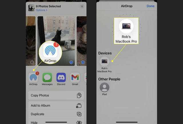 AirDrop in action sending photos from the Photos app on an iPhone.