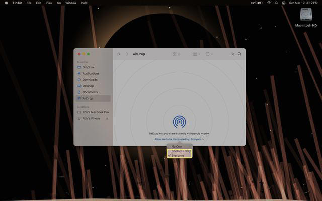 AirDrop settings on a Mac. Items to try are highlighted.