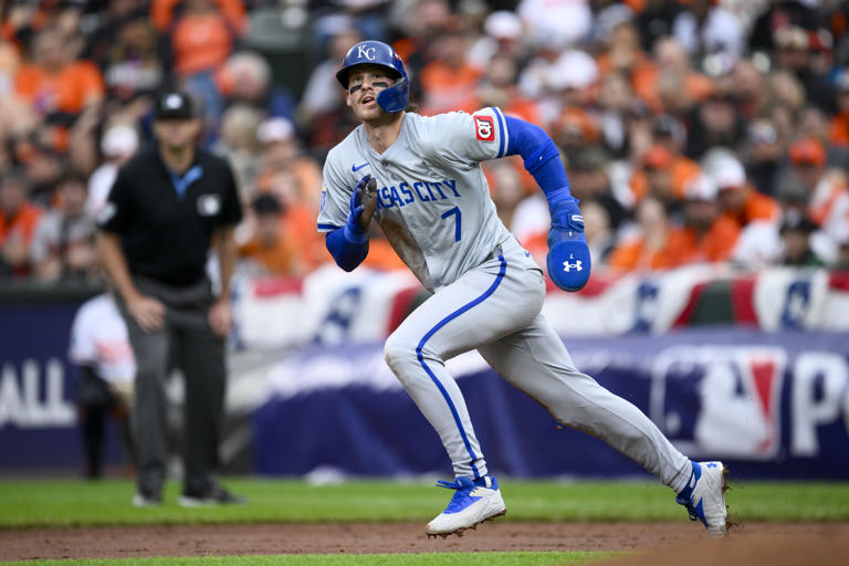 Kansas City Royals' Bobby Witt Jr. runs from first to third base on a single by Salvador Perez during the third inning in Game 2 of an AL Wild Card Series baseball game against the Baltimore Orioles, Wednesday, Oct. 2, 2024 in Baltimore. (AP Photo/Nick Wass)