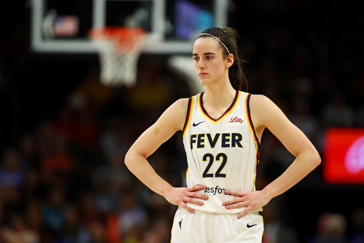 Indiana Fever guard Caitlin Clark looks on during the 2024 WNBA season. © Mark J. Rebilas-Imagn Images