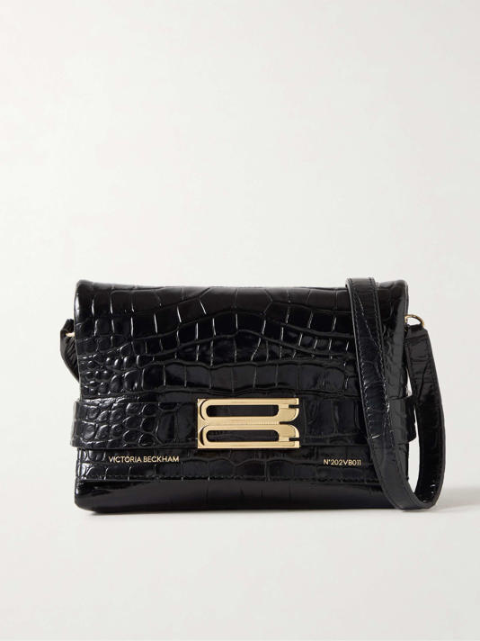 B Buckle Mini Glossed Croc-Effect Leather Shoulder Bag