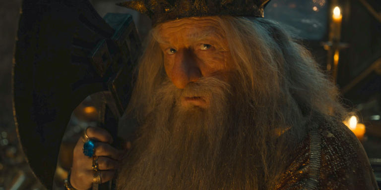 King Durin III (Peter Mullan) going mad from the power of the ring in The Lord of the Rings: The Rings of Power Season 2 Episode 7