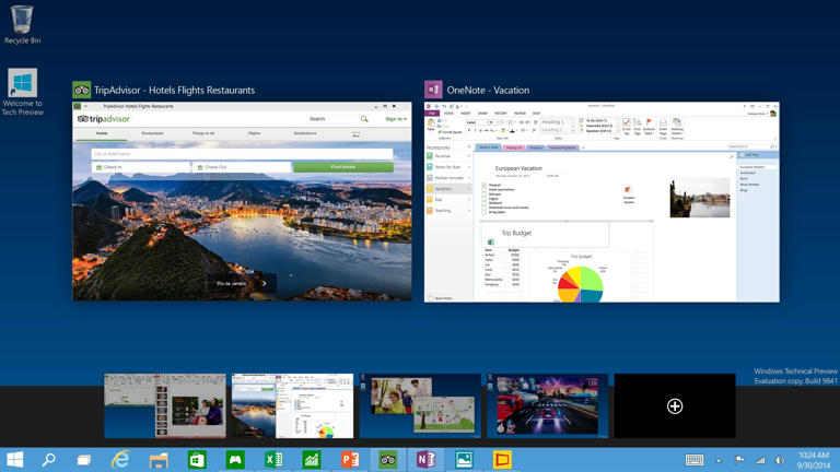 Screenshot of Windows 10 Technical preview build 9841 showing the Task view screen with multiple virtual desktops