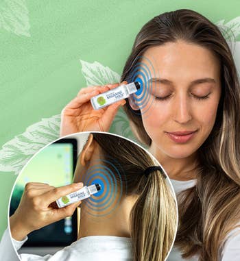 A model applies Migrastil Migraine Stick forehead in one image, and to neck in an inset image, demonstrating its use for headache relief