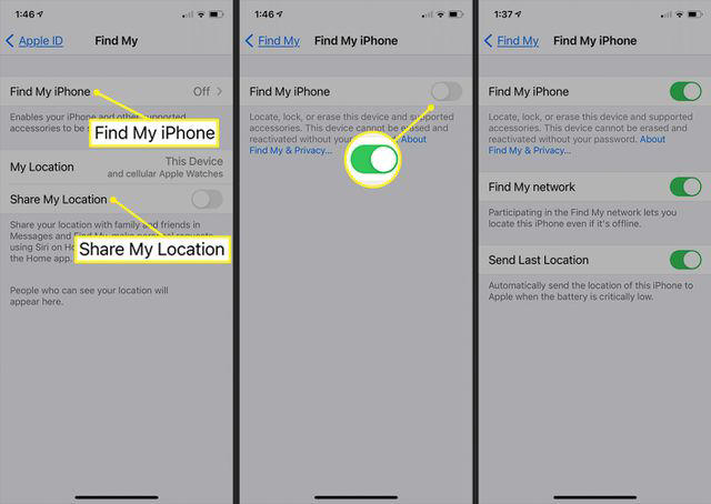 Settings for turning on and configuring Find My on iPhone
