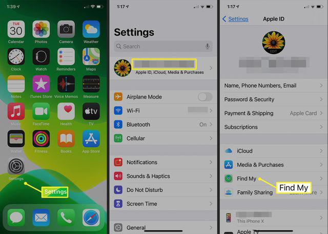Path to Find My settings on iPhone