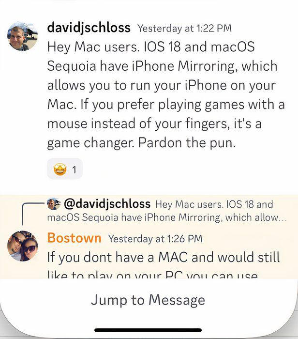 Discord shown in an iPhone Mirroring screen, with text typed on the Mac appearing on the iPhone.