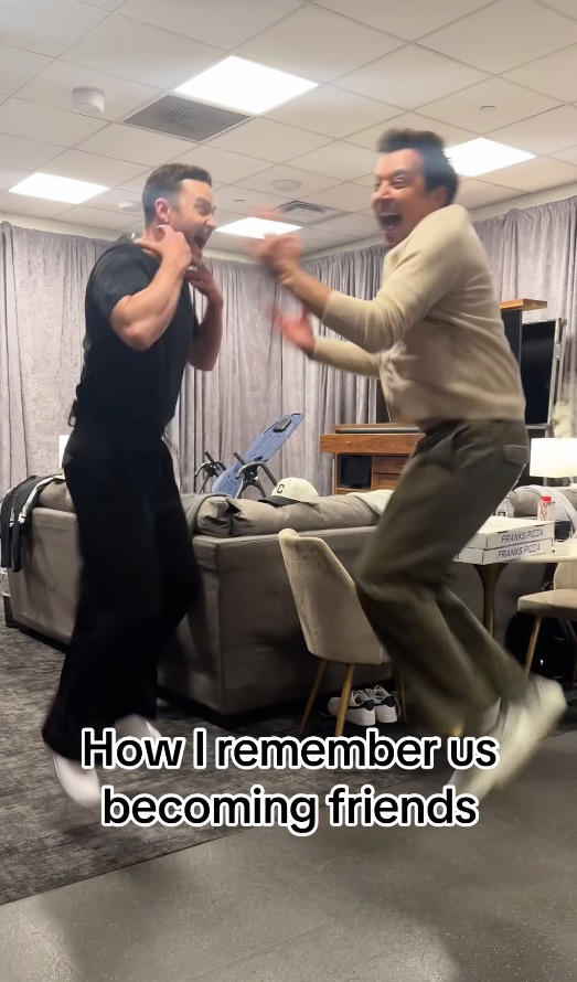 Justin Timberlake jumping with Jimmy Fallon in a video posted hours before his concert postponement. Instagram / @jimmyfallon