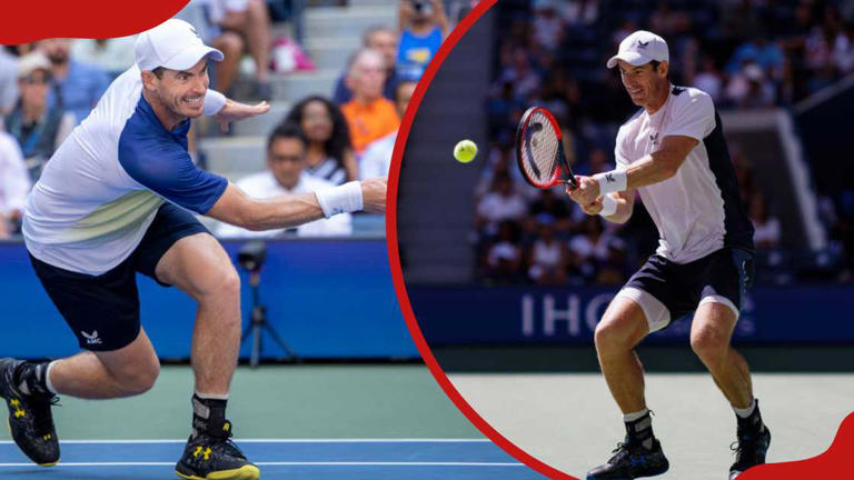 Left: Andy Murray during the Men's Singles on Arthur Ashe Stadium. Right: Andy Murray hits a backhand against Grigor Dimitrov at the US Open. Photo: Tim Clayton, Frey. Source: Getty Images