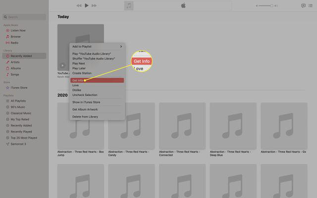 Selecting Get Info from the file you recently added in the Music app on the Mac.