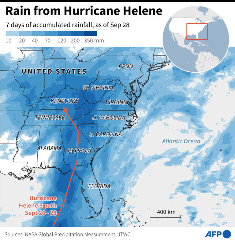 Map showing 7-day accumulated rainfall in the US after Hurricane Helene made landfall on September 27 Nicholas SHEARMAN AFP