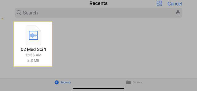 Selecting your file to make a ringtone in the Garageband app on an iPhone.