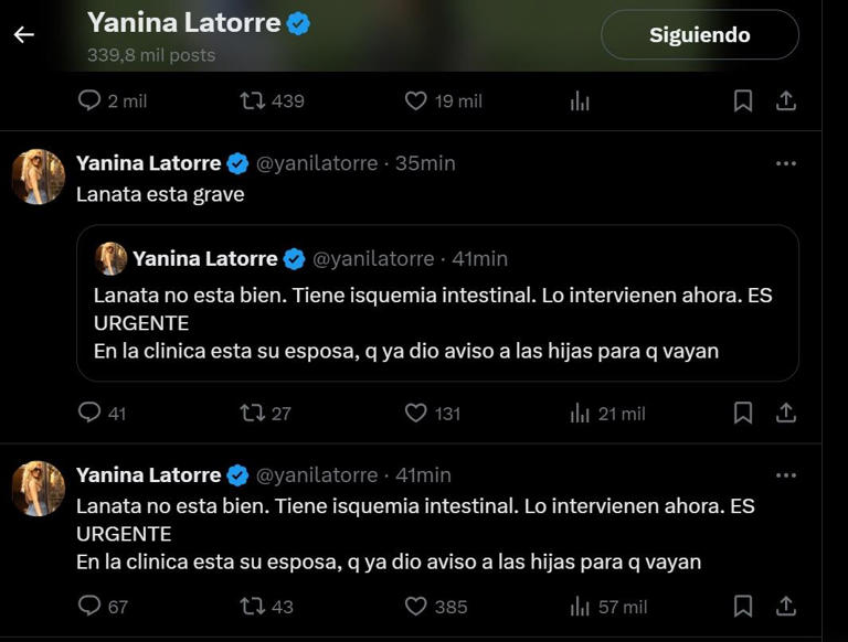 Yanina Latorre asegura que Jorge Lanata está grave.