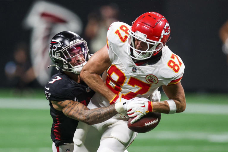 The Chiefs tight end (87) had four receptions against the Falcons on Sept. 22, 2024. USA TODAY Sports via Reuters Con