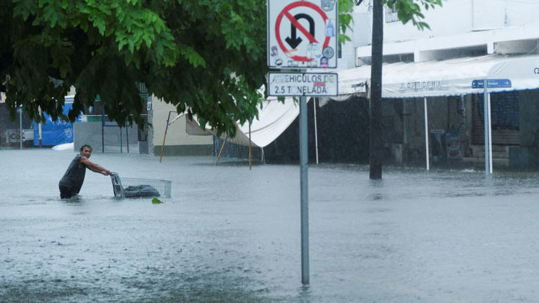 A man pushes a cart on a flooded street during rainfall caused by Helene, in Cancun, Mexico, September 25, 2024. - Paola Chiomante/Reuters