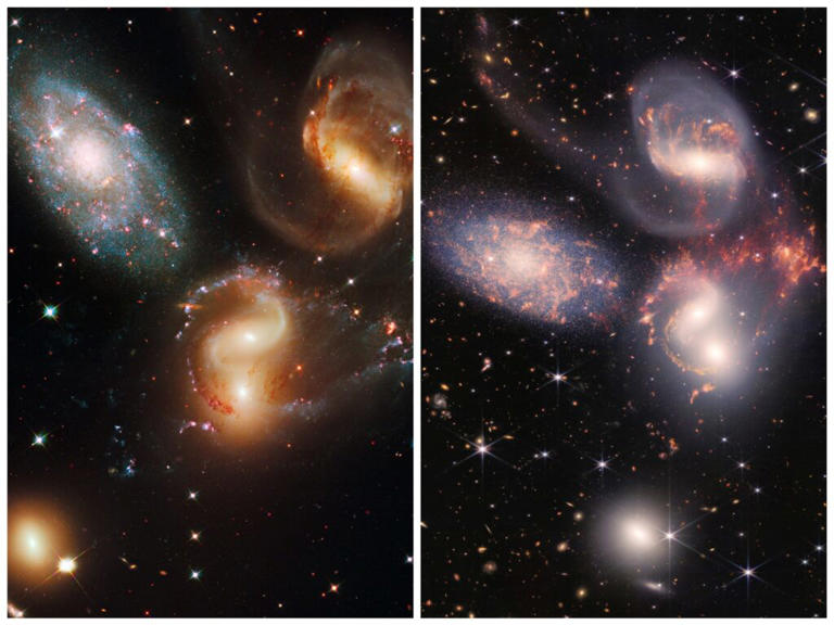 De sterrenstelselcluster Stephan's Quintet, in beeld gebracht door Hubble (links) en JWST (rechts). Foto: Hubble SM4 ERO-team/NASA/ESA/CSA/STScI