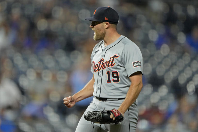 Detroit Tigers relief pitcher Will Vest celebrates after a baseball game against the Kansas City Royals Wednesday, Sept. 18, 2024, in Kansas City, Mo. The Tigers won 4-2. (AP Photo/Charlie Riedel)