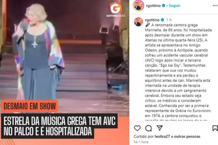 A cantora grega Marinella, de 86 anos, sofreu um AVC durante show na Grécia – Reprodução/Instagram