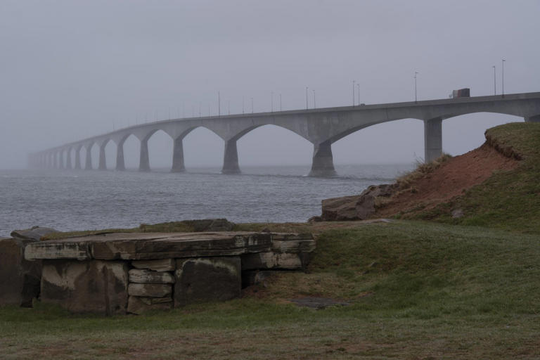 Traffic travels on the Confederation Bridge across the Abegweit Passage of the Northumberland Strait in Borden-Carleton, P.E.I., Friday, May 3, 2024. THE CANADIAN PRESS/Darren Calabrese