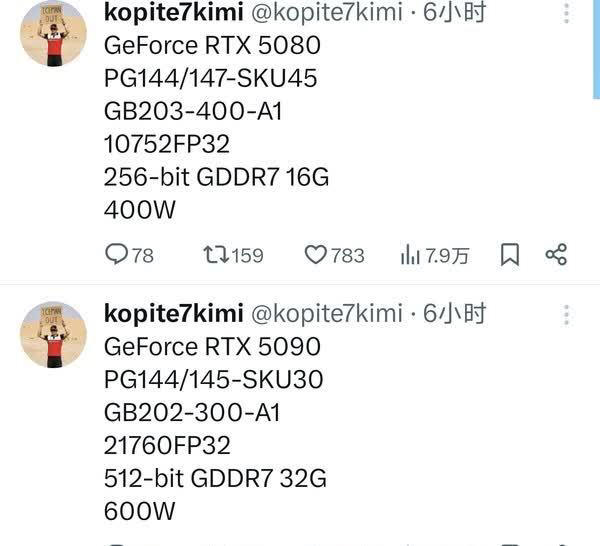 涨价不可避免！RTX 5090、5080规格完整曝光：英伟达强行拉大差距