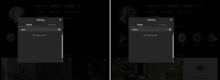 Screengrab of the results on the Instagram search box showing Yassi Pressman no longer following Nadine Lustre and vice-versa Source: Instagram