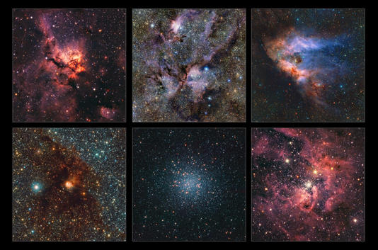 This collage highlights a small selection of regions of the Milky Way imaged as part of the most detailed infrared map ever of our galaxy. Here we see, from left to right and top to bottom: NGC 3576, NGC 6357, Messier 17, NGC 6188, Messier 22 and NGC 3603. All of them are clouds of gas and dust where stars are forming, except Messier 22, which is a very dense group of old stars. The images were captured with ESO’s Visible and Infrared Survey Telescope for Astronomy (VISTA) and its infrared camera VIRCAM. The gigantic map to which these images belong contains 1.5 billion objects. The data were gathered over the course of 13 years as part of the VISTA Variables in the Vía Láctea (VVV) survey and its companion project, the VVV eXtended survey (VVVX).