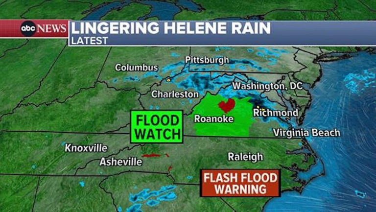 An ABC News graphic shows the latest weather conditions and warnings in the wake of Helene, on Monday, Sept. 30, 2024.