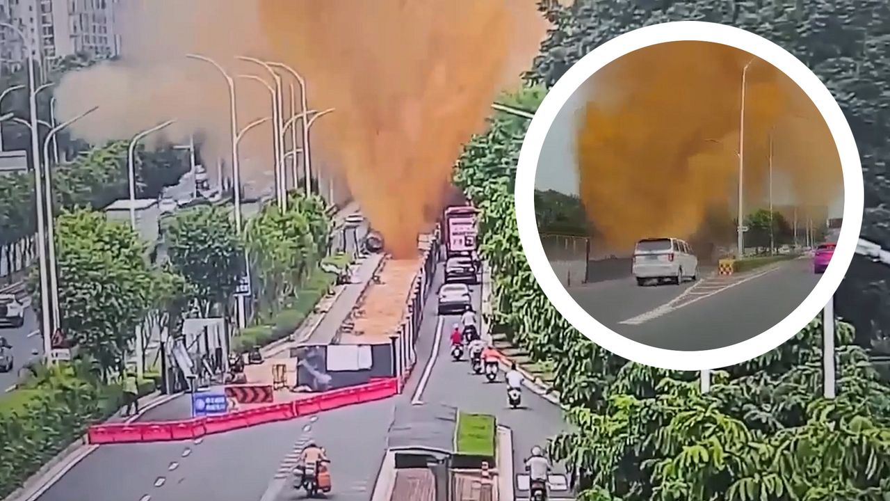 Abwasserrohr explodiert in China: Braune Brühe regnet auf Autofahrer