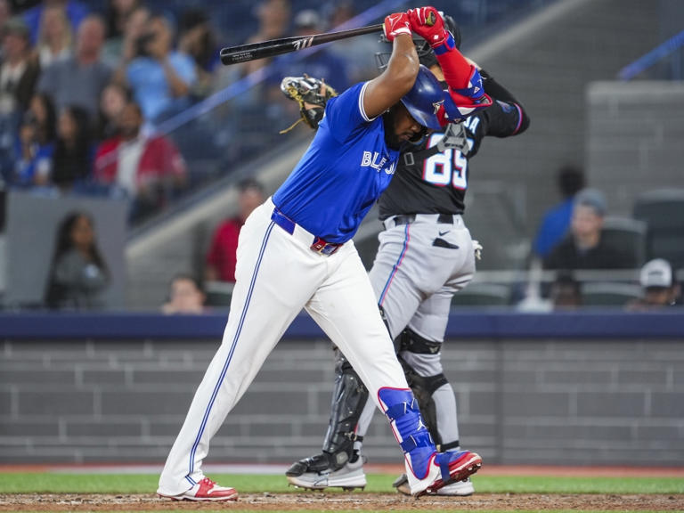 Vladimir Guerrero Jr. of the Toronto Blue Jays reacts to striking out against the Miami Marlins.