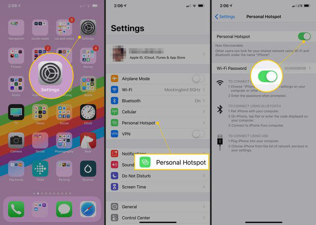 An iPhone home screen, Settings app, and Personal Hotspot options
