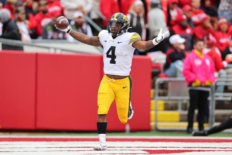 MADISON, WISCONSIN - OCTOBER 14: Leshon Williams #4 of the Iowa Hawkeyes celebrates a touchdown during the first half against the Wisconsin Badgers at Camp Randall Stadium on October 14, 2023 in Madison, Wisconsin. (Photo by Stacy Revere/Getty Images)