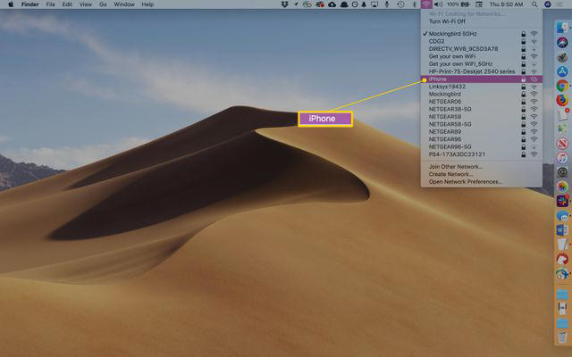 An iPhone selected in the Wi-Fi menu on a Mac
