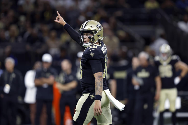 FILE - New Orleans Saints quarterback Spencer Rattler (18) reacts to a play during an NFL preseason football game against the Tennessee Titans, Aug. 25, 2024, in New Orleans. (AP Photo/Tyler Kaufman, File)