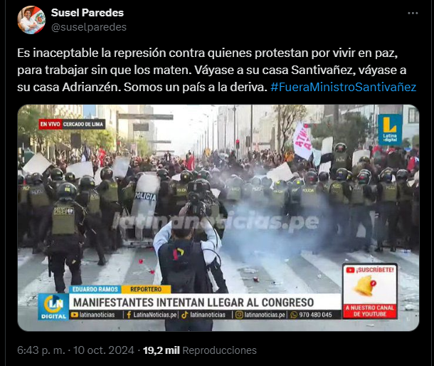 Congresista Susel Paredes ante abuso policial contra manifestantes: “Váyase a su casa, Santiváñez”