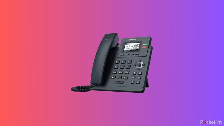 A render of a VOIP phone on a purple and pink colored background.