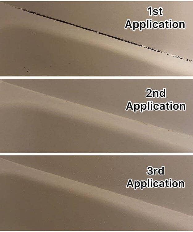 Reviewer before and after of the grout in their bathtub getting cleaned