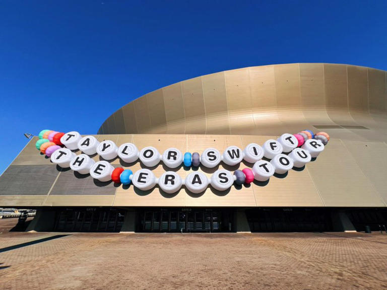 Massive, inflatable friendship bracelets were hung outside the Caesars Superdome ahead of her Eras Tour stop in Louisiana. X/@CaesarsDome