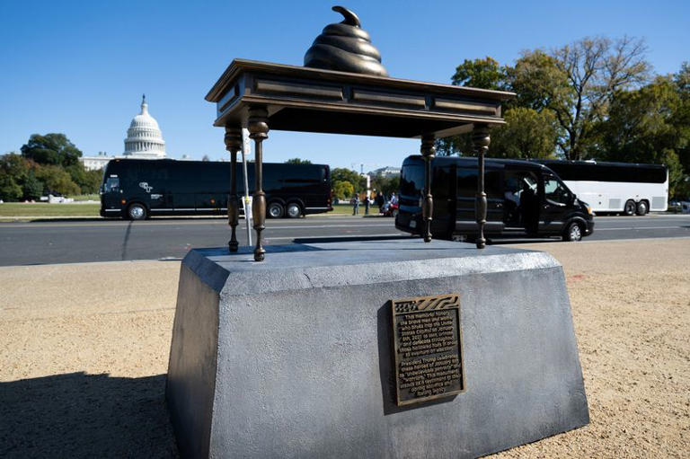 Statue of bronze poop on Nancy Pelosi's desk appears in Washington in ...