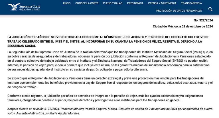 Captura de pantalla de comunicado oficial de la SCJN.