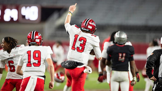 Central Phenix City's Andrew Alford (13) celebrates with his team as Central Phenix City faces Thompson in the Class 7A football state championship at Bryant-Denny Stadium in Tuscaloosa, Ala., on Wednesday, Dec. 6, 2023. Central Phenix City defeated Thompson 21-19. | Jake Crandall / USA TODAY NETWORK