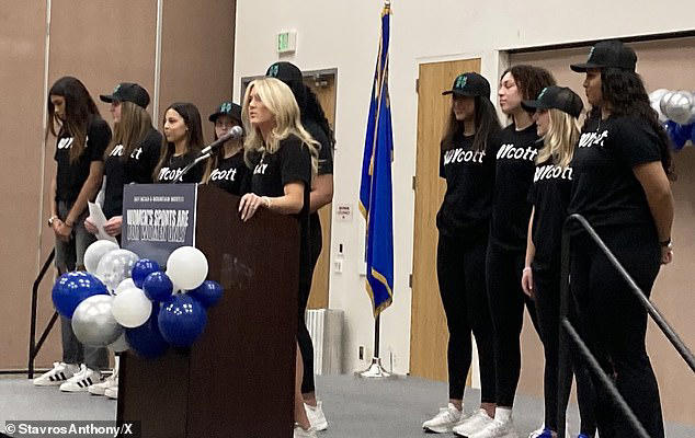 At a press conference, the tearful captain slammed the university for ignoring the team's concerns over sharing the court with a transgender athlete 