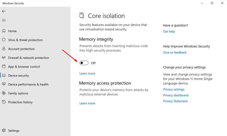 Memory Integrity toggle in the Windows Security app.