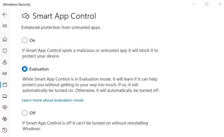 Smart App Control option in the Windows Security app.